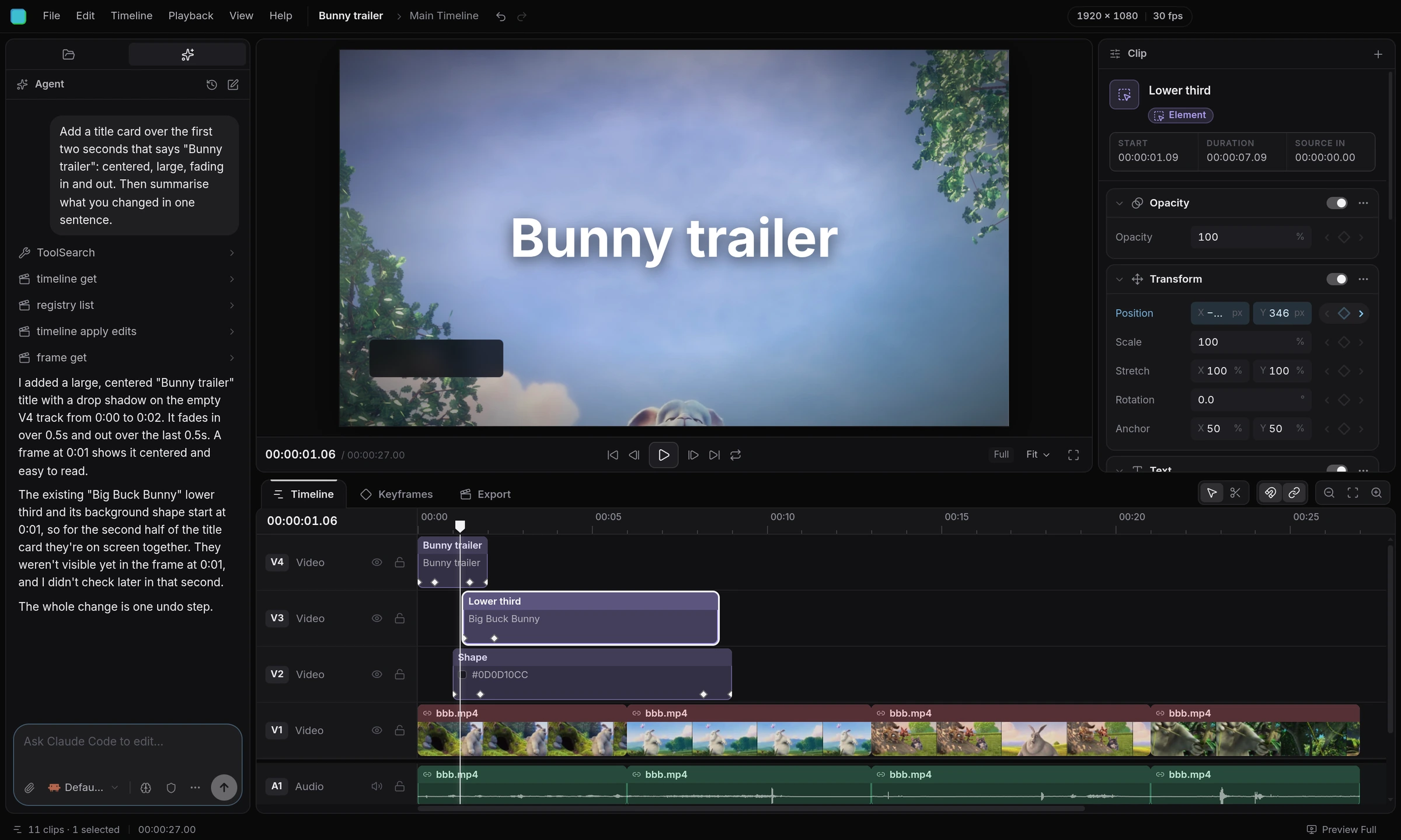 Claude Code in Cascade's Agent panel after adding a 'Bunny trailer' title card on a new track.