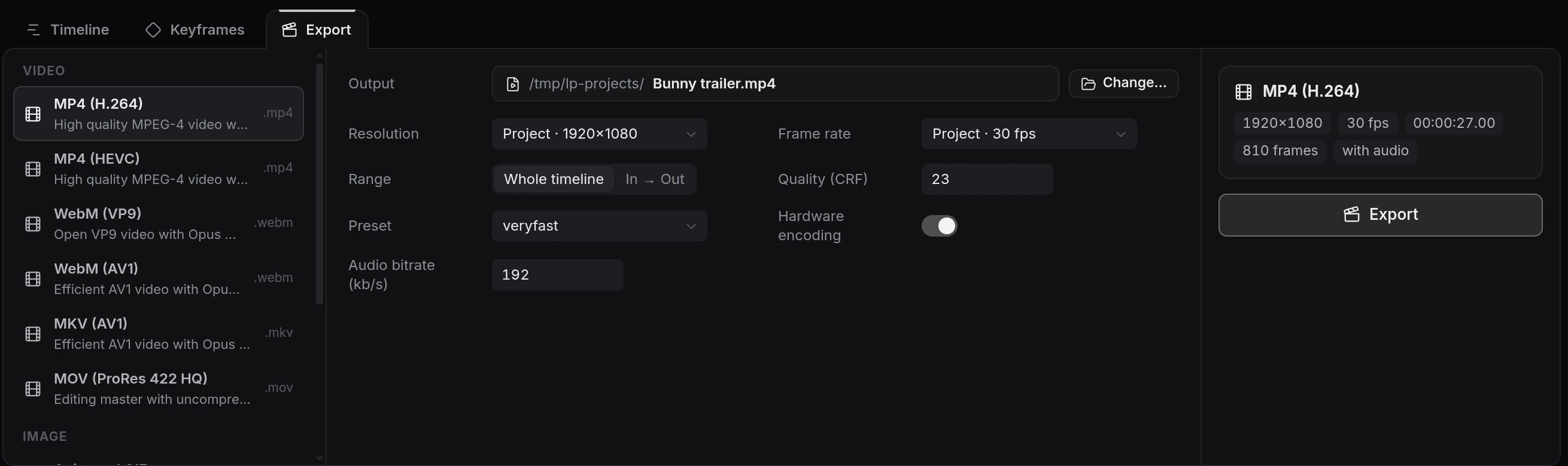 The Export panel with MP4 H.264 selected.